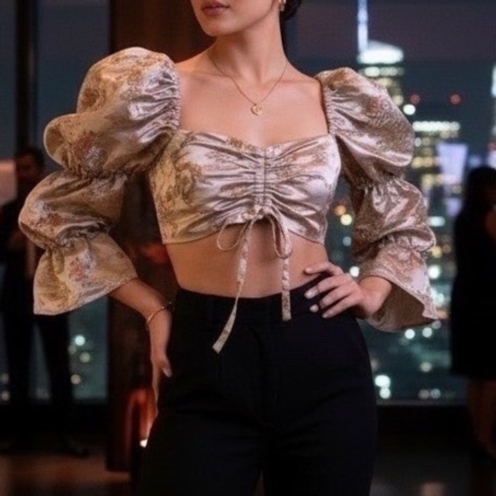 ASOS Design‎ Satin Dragon Brocade Crop Top Womens 4 Puff Sleeve Coquette Y2K